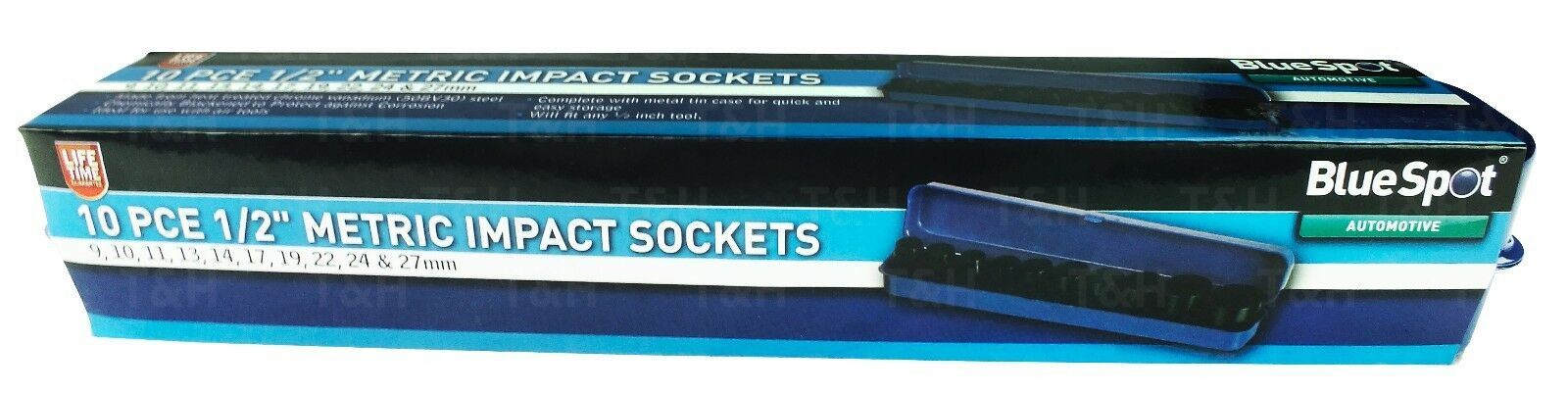BLUESPOT 10PCS 1/2" DRIVE 6 POINT SHALLOW IMPACT SOCKETS 9MM - 27MM