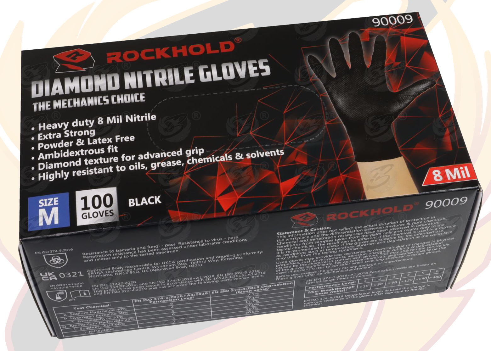 ROCKHOLD HEAVY DUTY BLACK 8 MIL NITRILE DIAMOND GRIP GLOVES ( MEDIUM - 100 GLOVES )