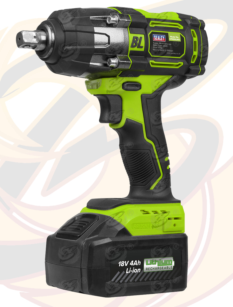 SEALEY 18V 4Ah 1/2" DRIVE BRUSHLESS CORDLESS IMPACT WRENCH 650Nm