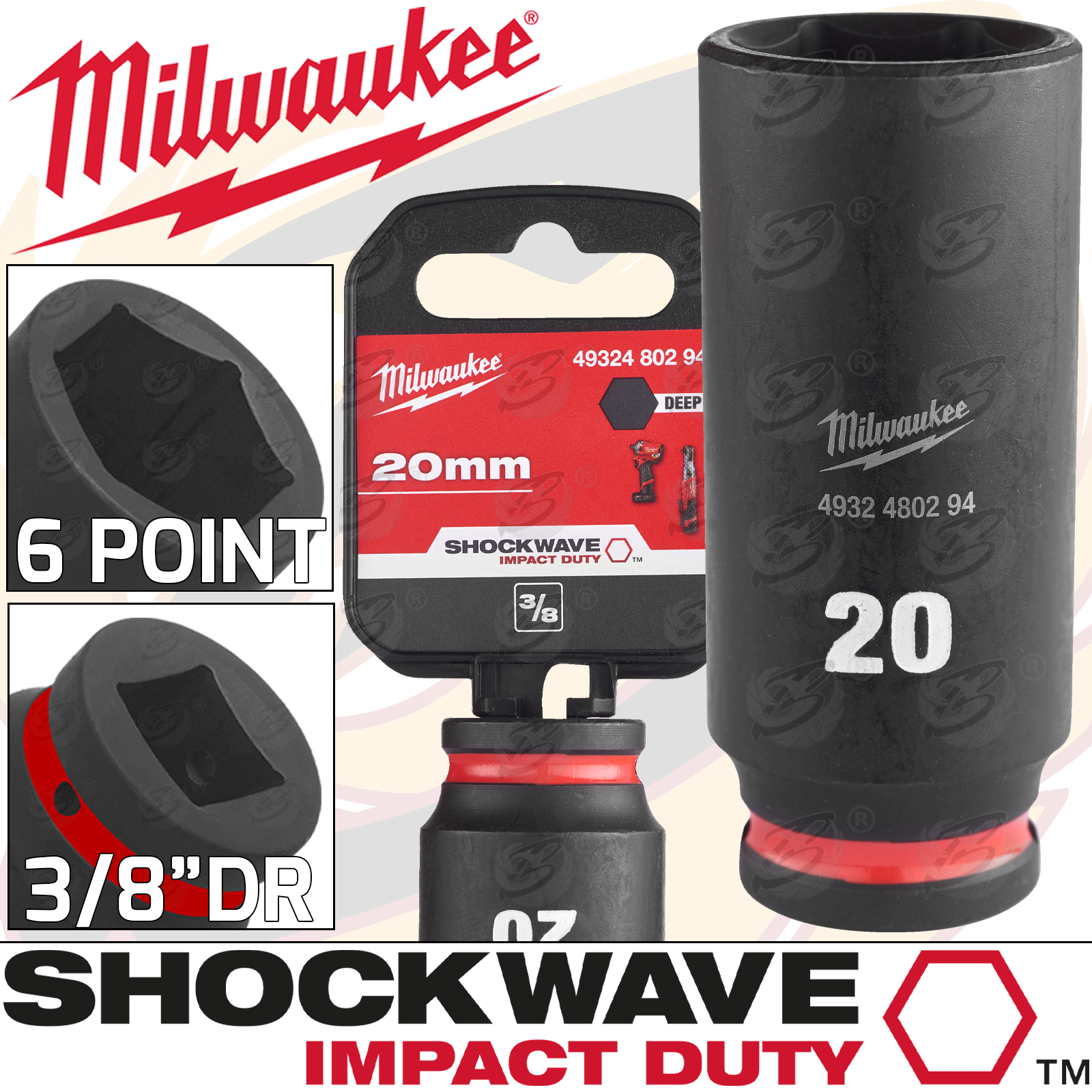 Milwaukee 20mm 3/8" Drive 6 Point Deep Impact Socket ( Single ) ( 4932480294 )