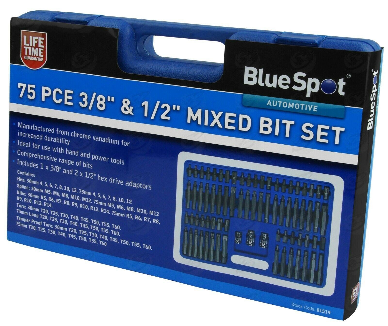 BlueSpot 75 Piece 3/8" & 1/2" Drive Hex - Torx - Spline - Ribe - Tamperproof Torx Bit Sockets ( 01519 )