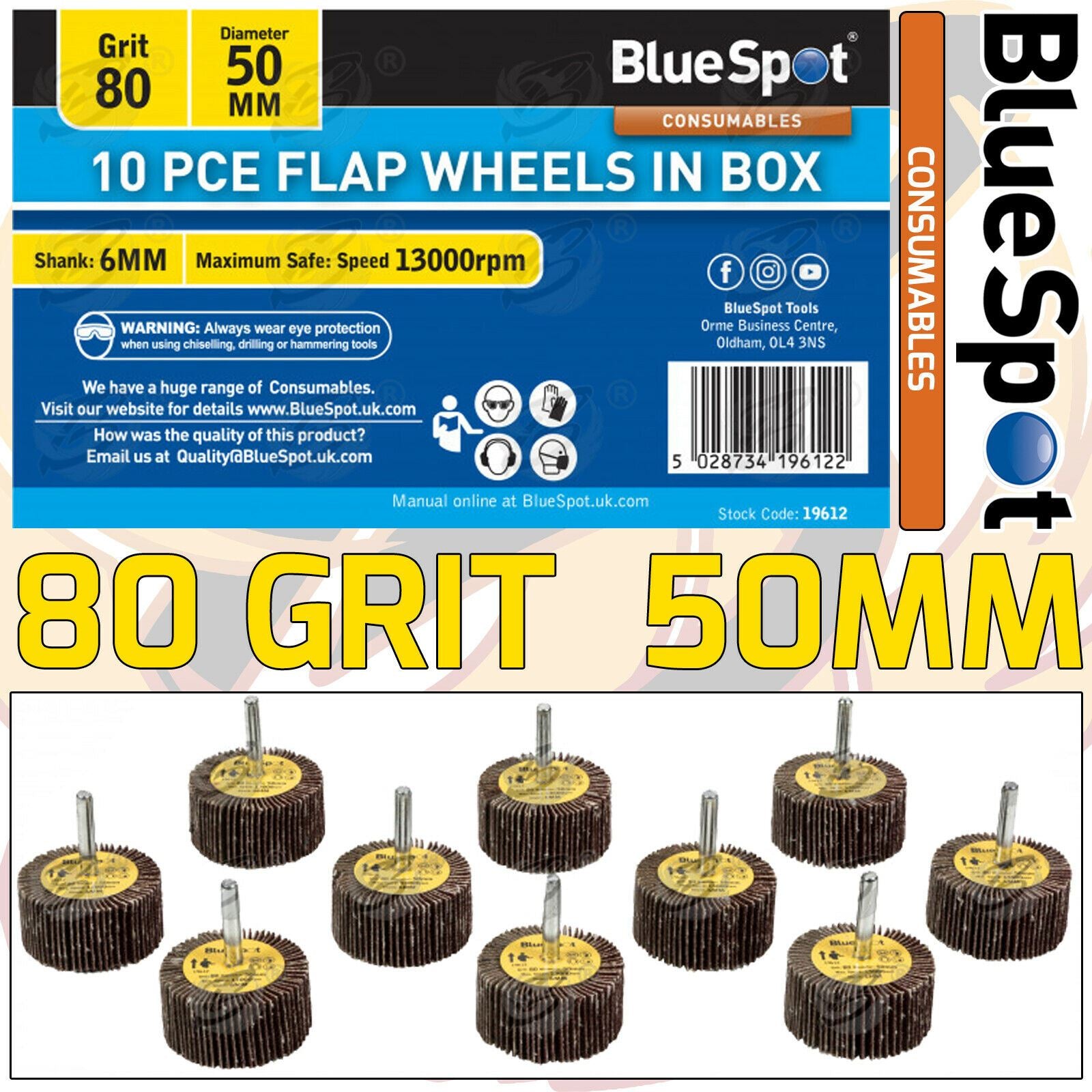 BlueSpot 10 Piece Flap Wheel Discs ( 80 Grit - 50mm ) ( 19612 )