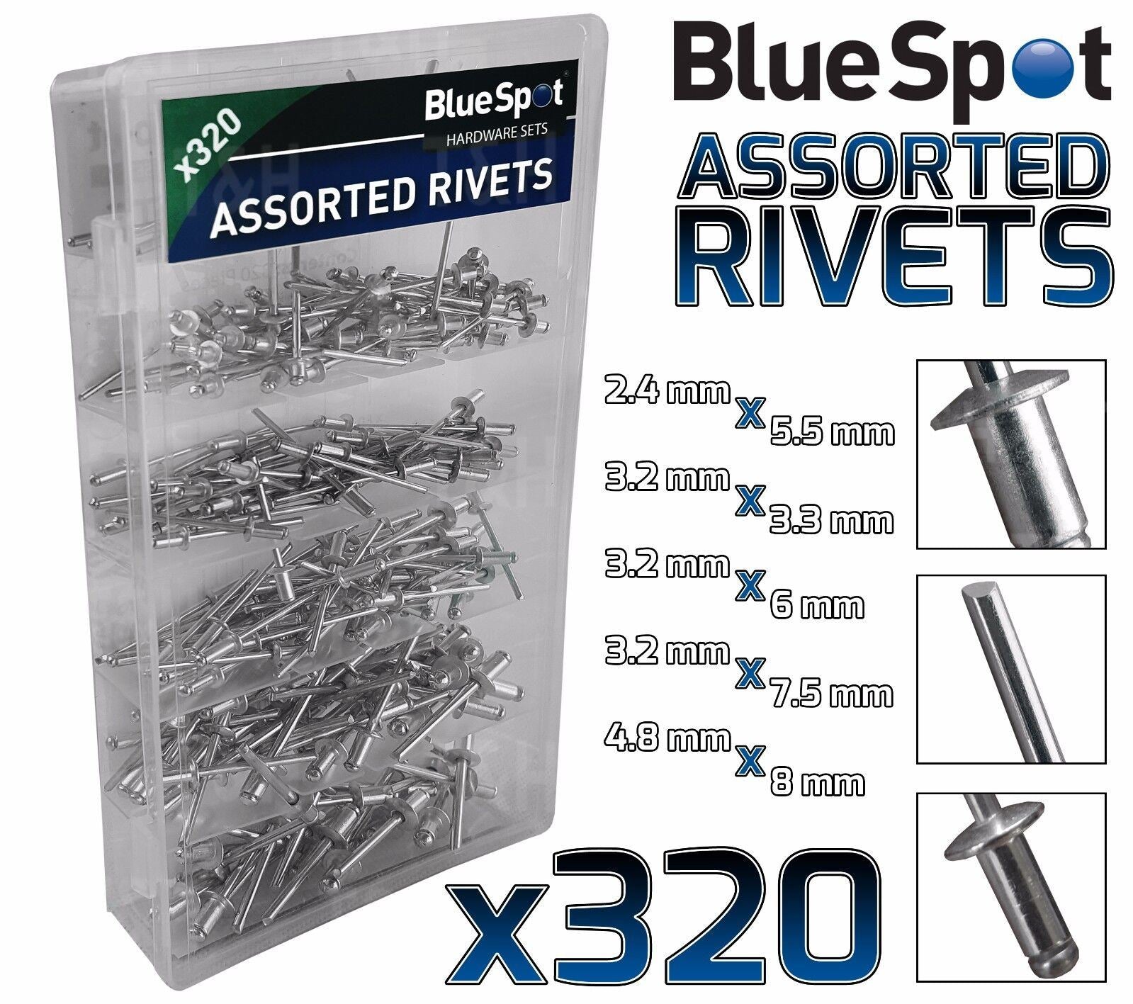 BlueSpot 320 Piece Assorted Rivets 40596