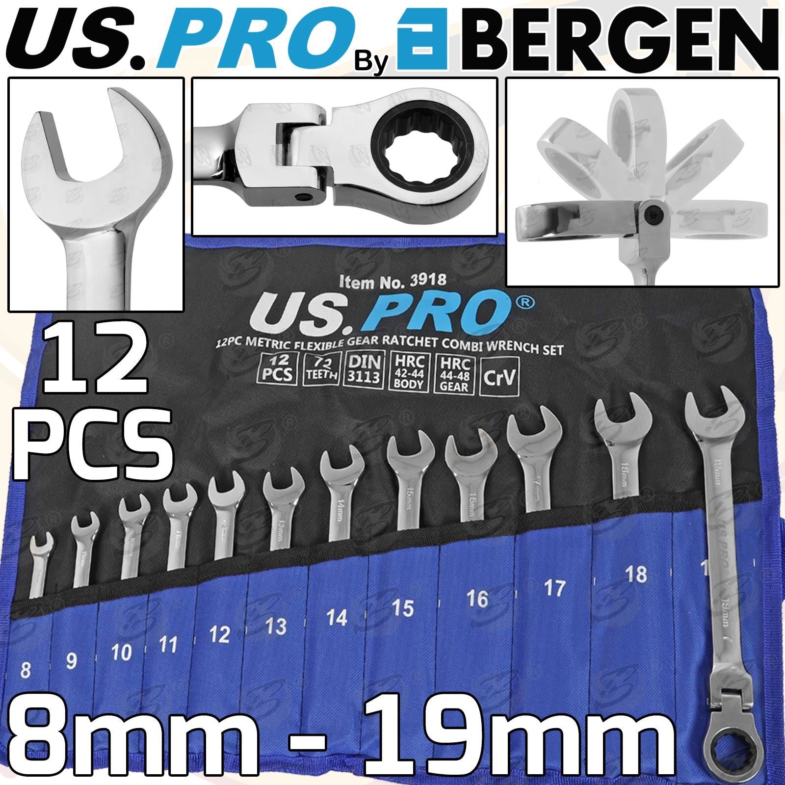 US PRO 12PCS COMBINATION FLEXIBLE RATCHET SPANNER SET 8MM - 19MM