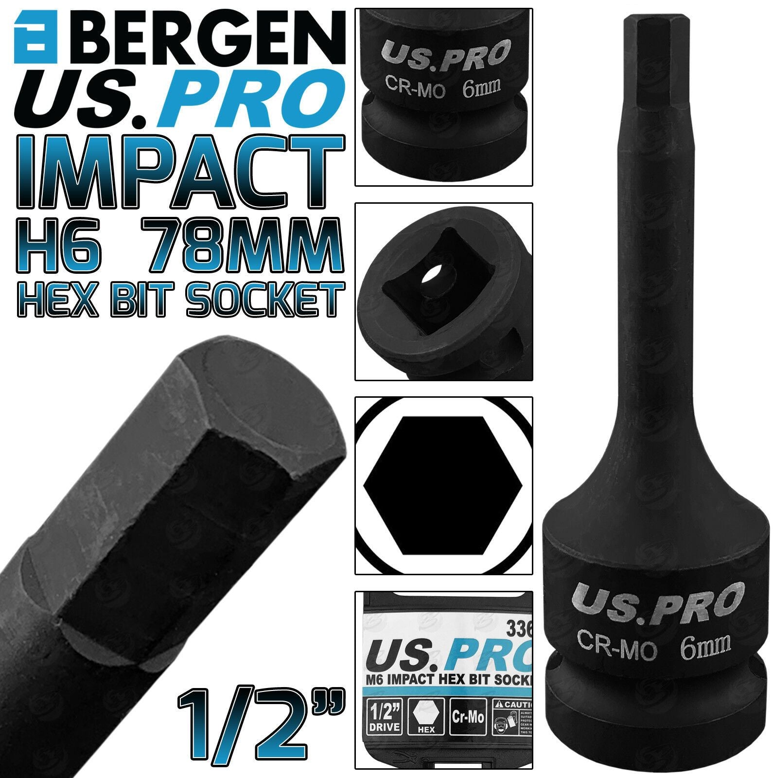 US PRO H6 1/2" DRIVE 78MM LONG IMPACT HEX BIT SOCKET ( SINGLE )