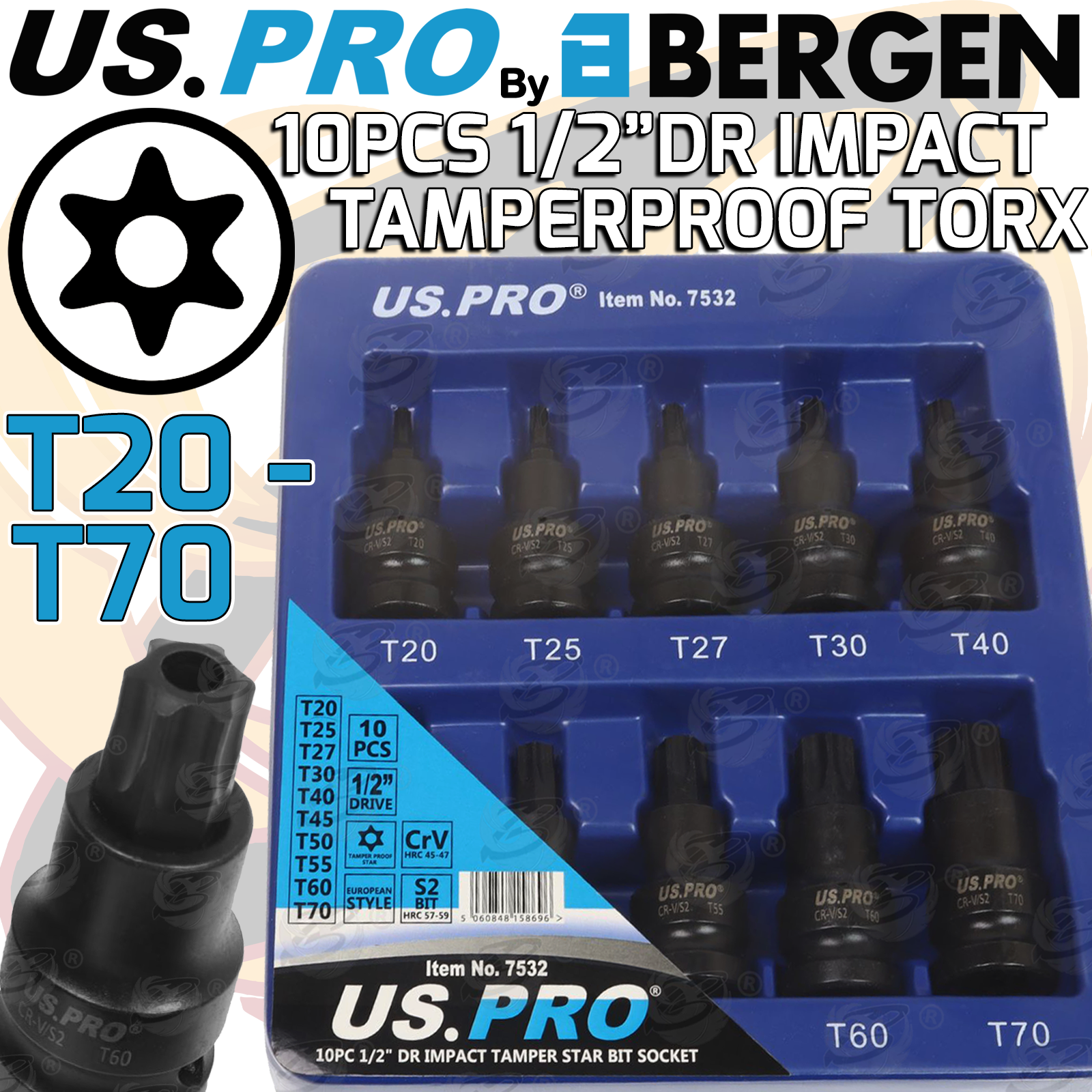 US Pro 10 Piece 1/2" Drive Impact Tamperproof Torx Bit Sockets T20 - T70 ( 7532 )