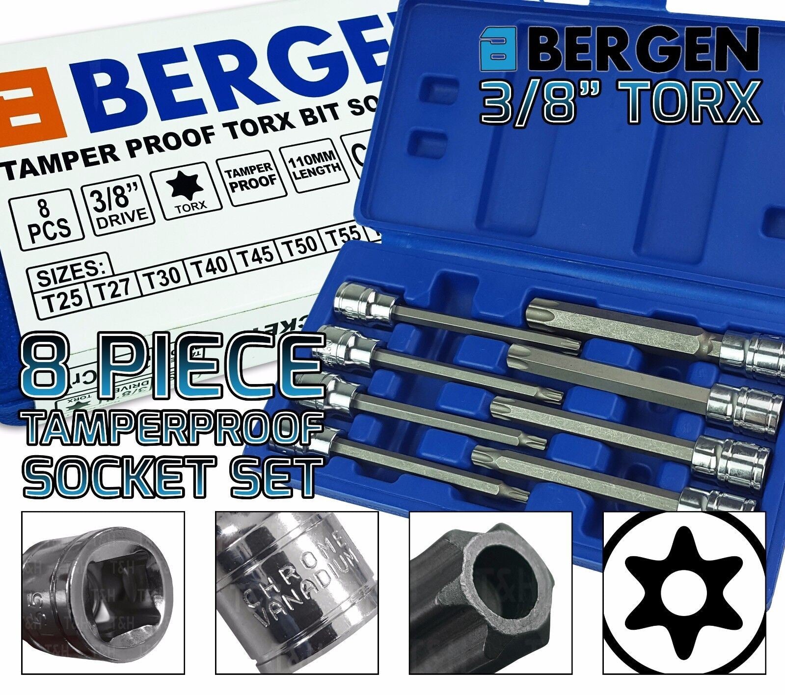 US Pro 8 Piece 3/8" Drive Extra Long Tamperproof Torx Bit Sockets T25 - T60 ( 1373 )