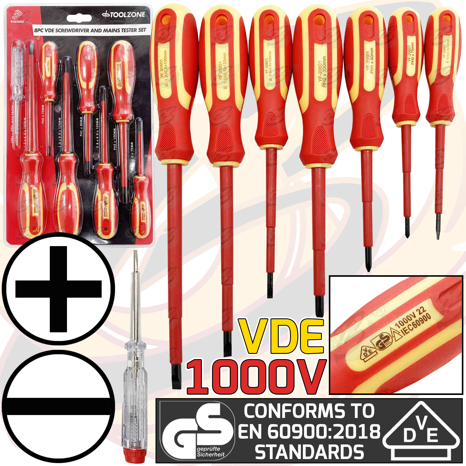 Toolzone 8 Piece VDE / Electricans Magnetic Screwdriver Set ( PHillips & Slotted ) ( SD193 )