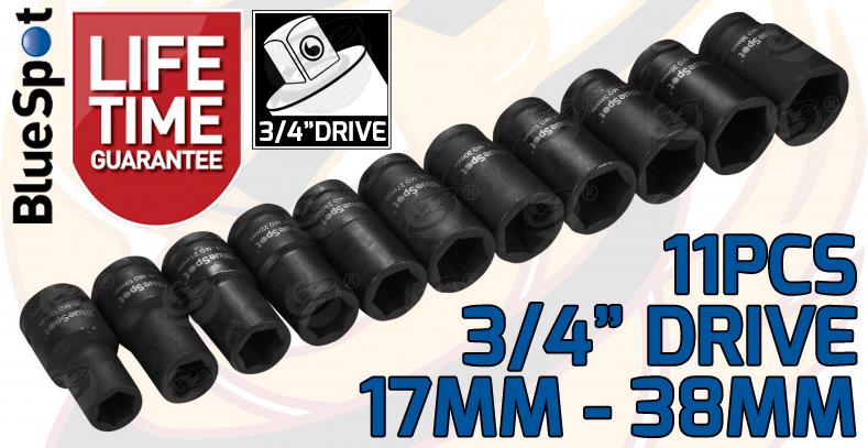 BLUESPOT 11PCS 3/4" DRIVE 6 POINT DEEP IMPACT SOCKETS 17MM - 38MM