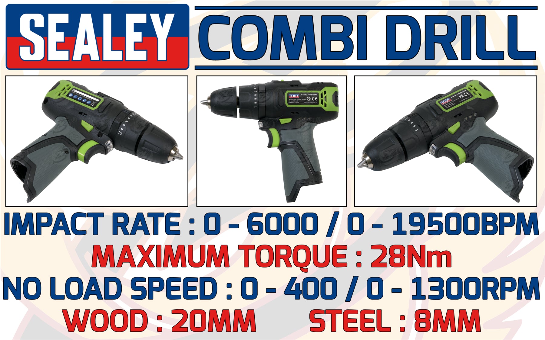 SEALEY 10.8V 3/8" DRIVE CORDLESS COMBO KIT ( DRILL - RATCHET WRENCH - IMPACT WRENCH - IMPACT DRIVER )