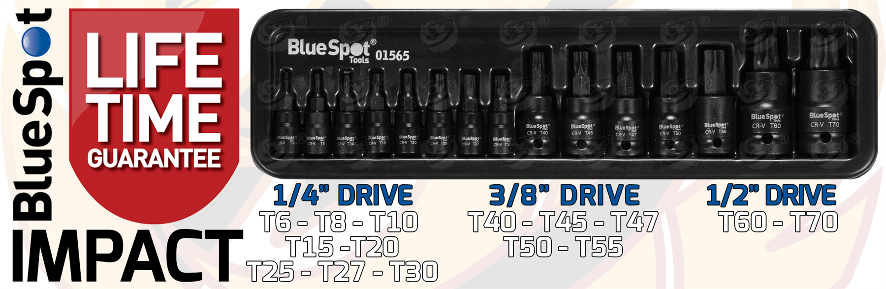 BlueSpot 15 Piece 1/4" & 3/8" & 1/2" Drive Impact Torx Bit Sockets T6 - T70 ( 01565 )
