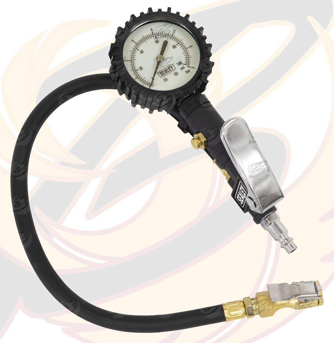 SEALEY TYRE INFLATOR WITH CLIP ON CONNECTOR 0 - 100PSI