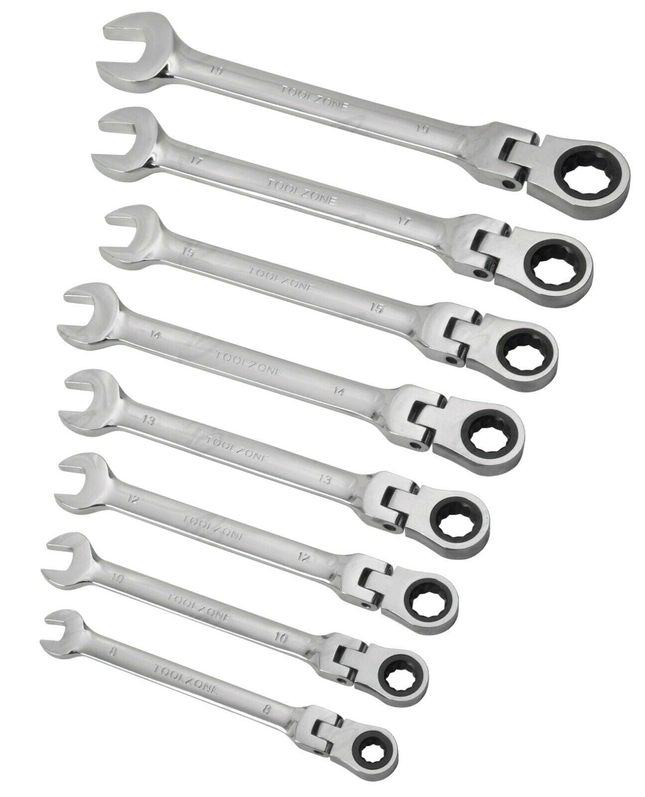 TOOLZONE 8PCS COMBINATION FLEXIBLE RATCHET SPANNER SET 8MM - 19MM