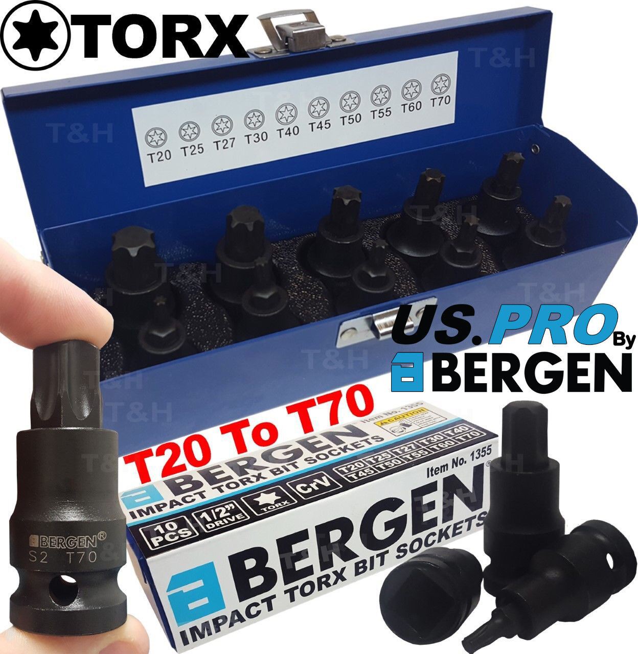 US Pro 10 Piece 1/2" Drive Impact Torx Bit Sockets T20 - T70 2087
