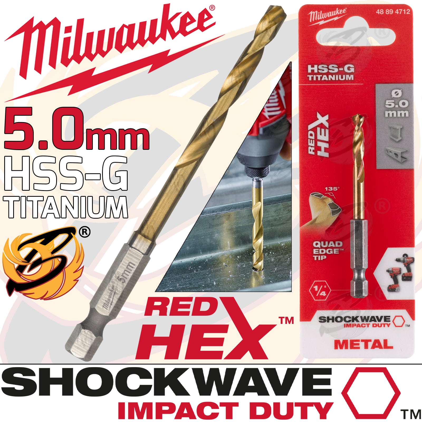 MILWAUKEE 5MM HSS TITANIUM METAL RED HEX DRILL BIT