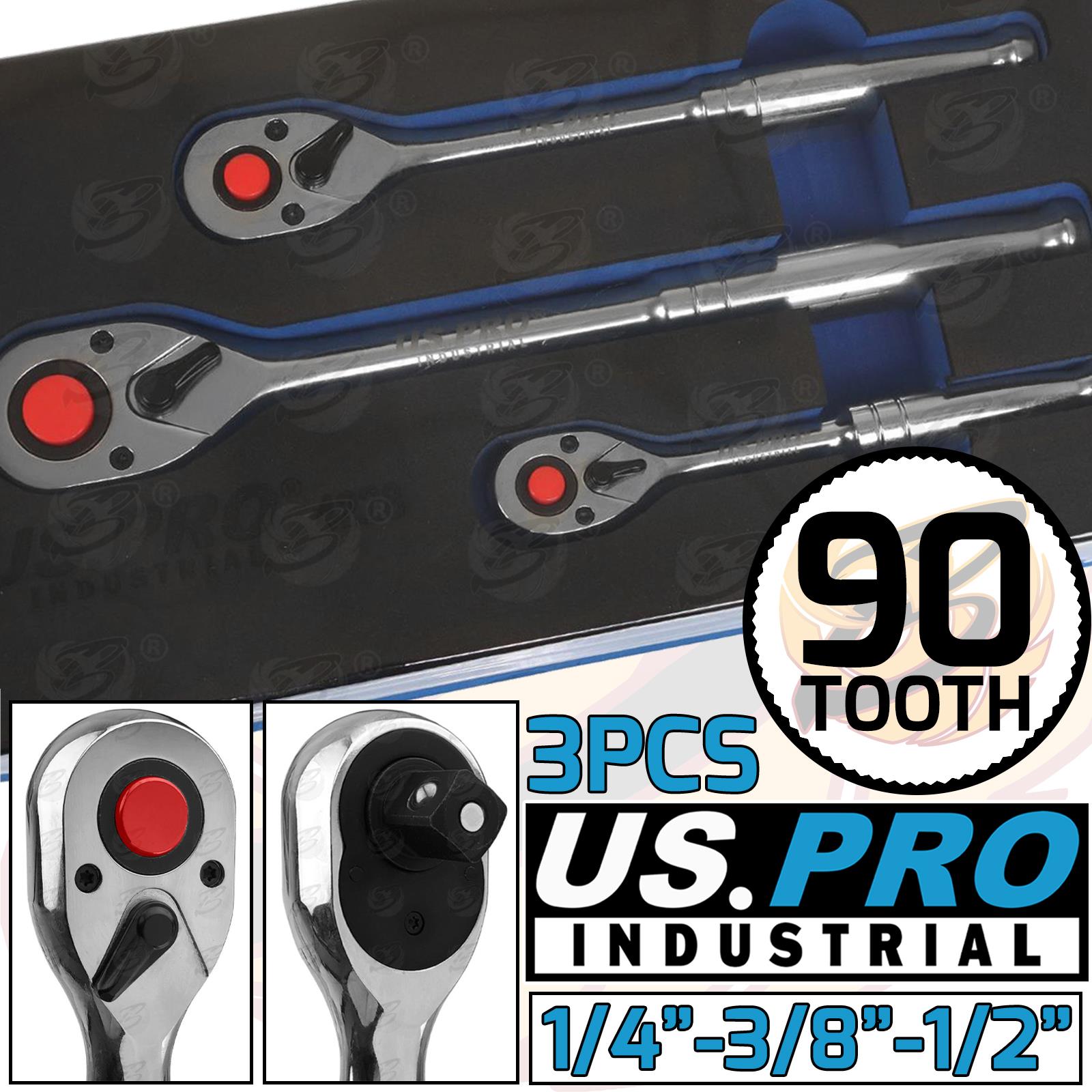 US Pro Industrial 3 Piece 1/4" & 3/8" & 1/2" Drive 90 Tooth Ratchet Handles 4228