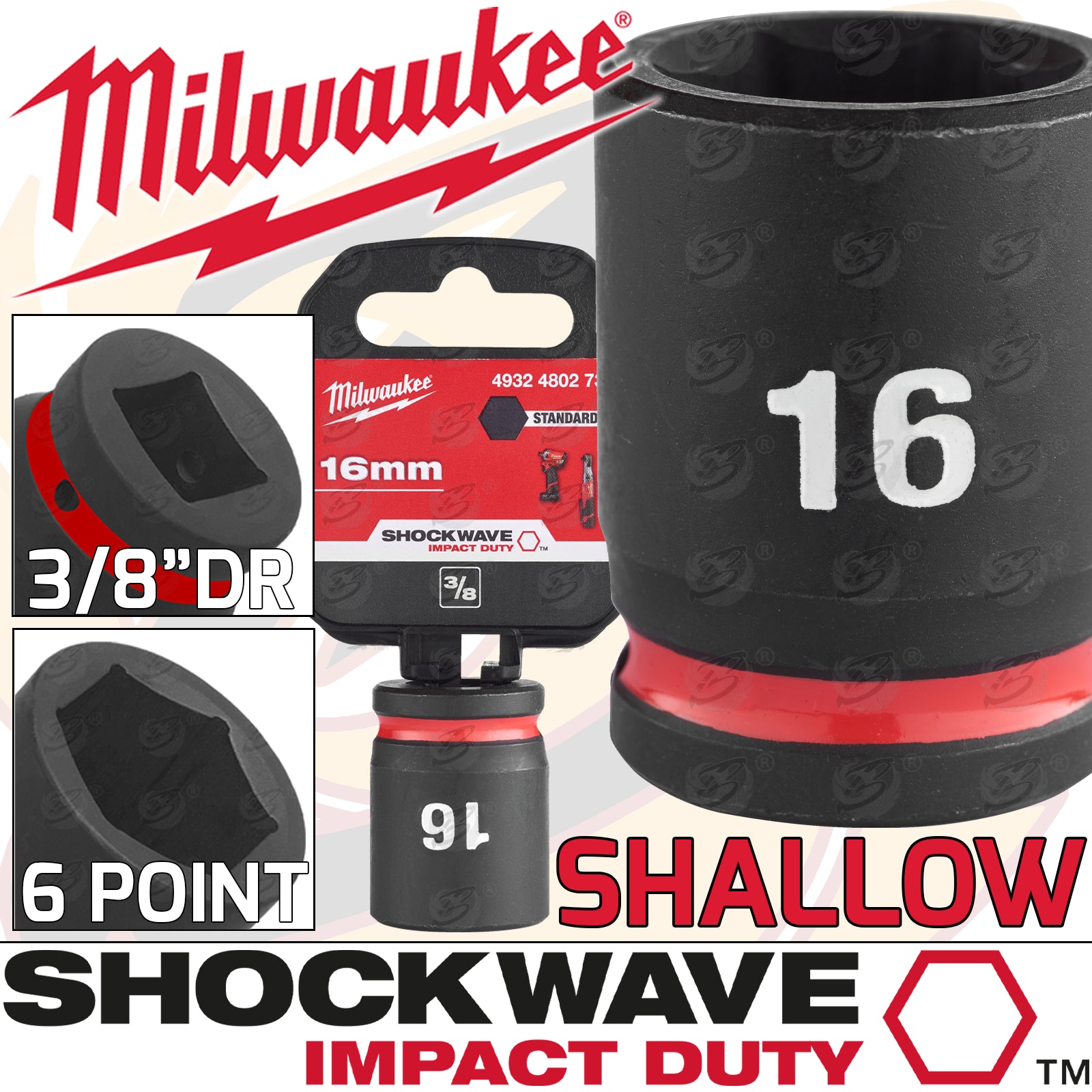 MILWAUKEE 16MM 3/8" DRIVE 6 POINT SHALLOW IMPACT SOCKET ( SINGLE )