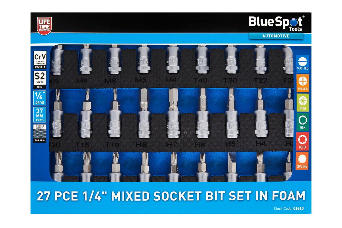 BlueSpot 27 Piece 1/4" Mixed Socket Bit Set In Foam With A Manufacturers LifeTime Guarantee 01610