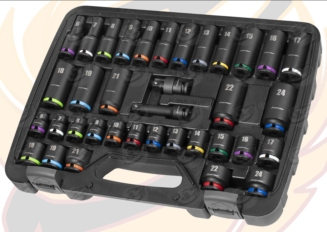 SEALEY 36PCS 3/8" DRIVE 6 POINT DEEP & SHALLOW IMPACT SOCKETS 6MM - 24MM