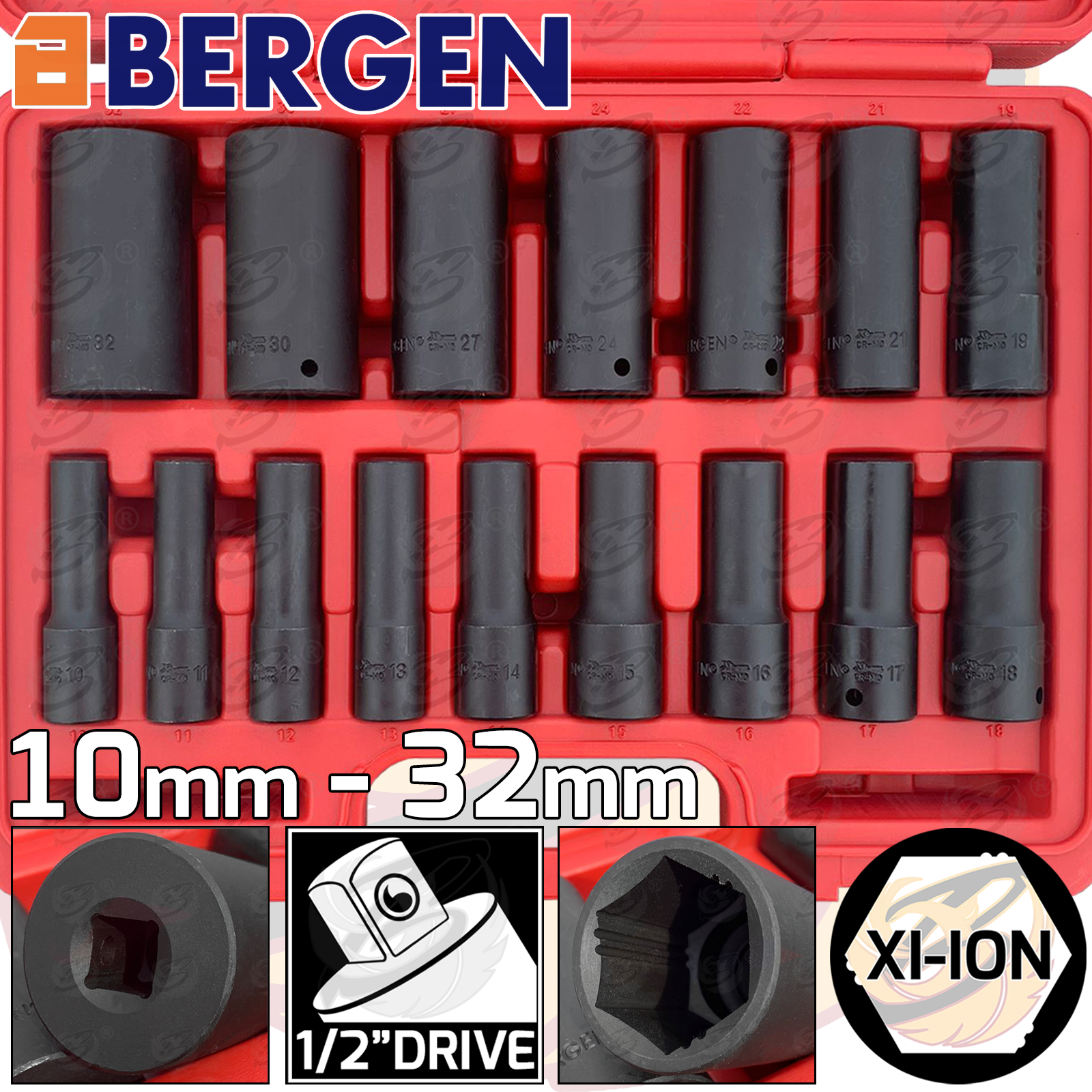 Bergen 16 Piece 1/2" Drive 6 Point Xi - Ion Impact Socket Set ( 10mm - 32mm ) ( 1402 )