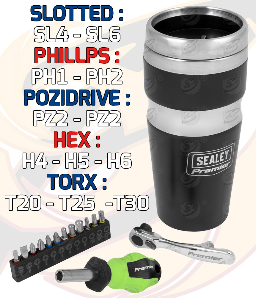 SEALEY THERMAL INSULATED TRAVEL MUG & MINI TOOL SET & RATCHET HANDLE
