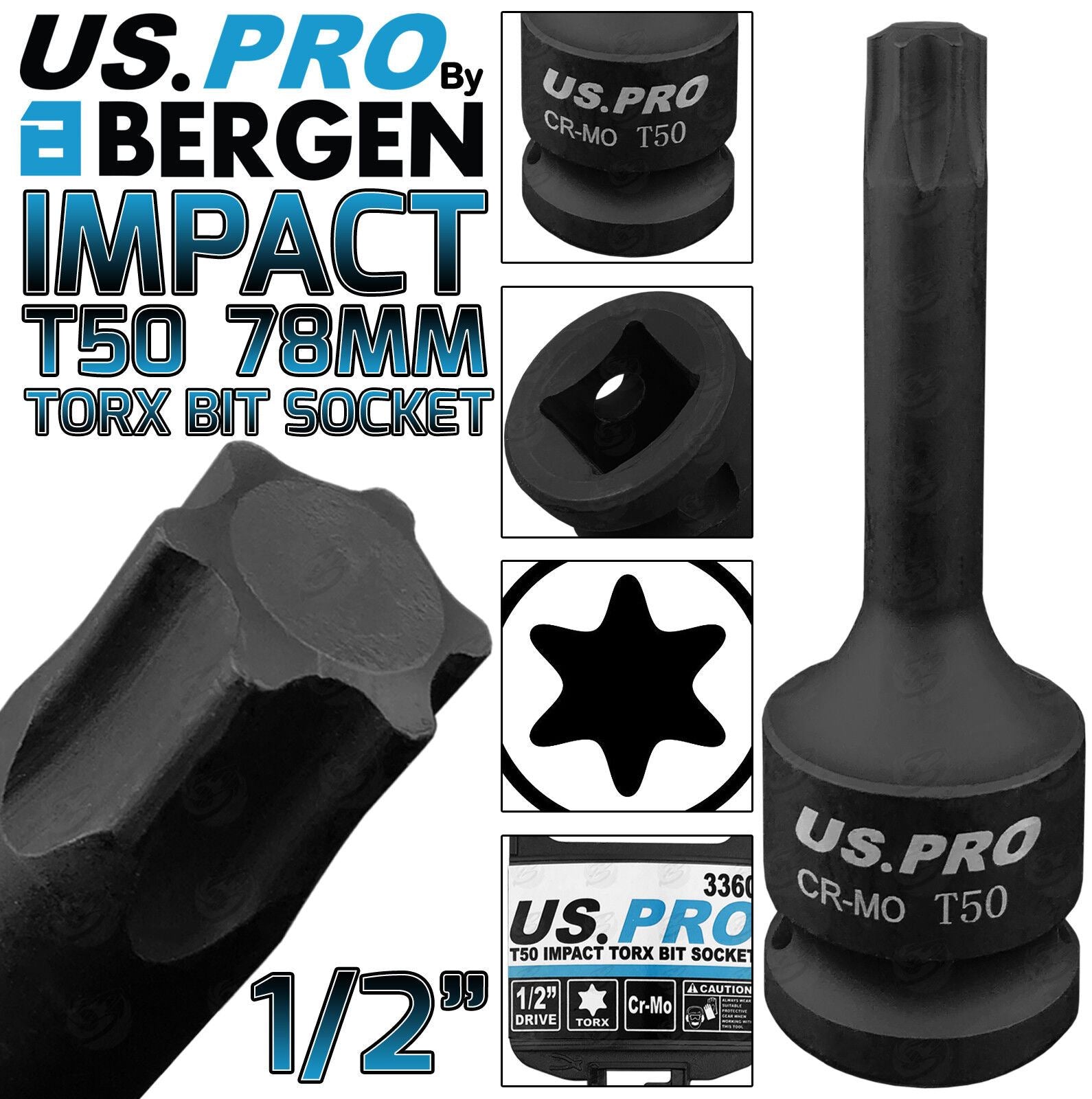 US PRO T50 1/2" DRIVE 78MM LONG IMPACT TORX BIT SOCKET ( SINGLE )