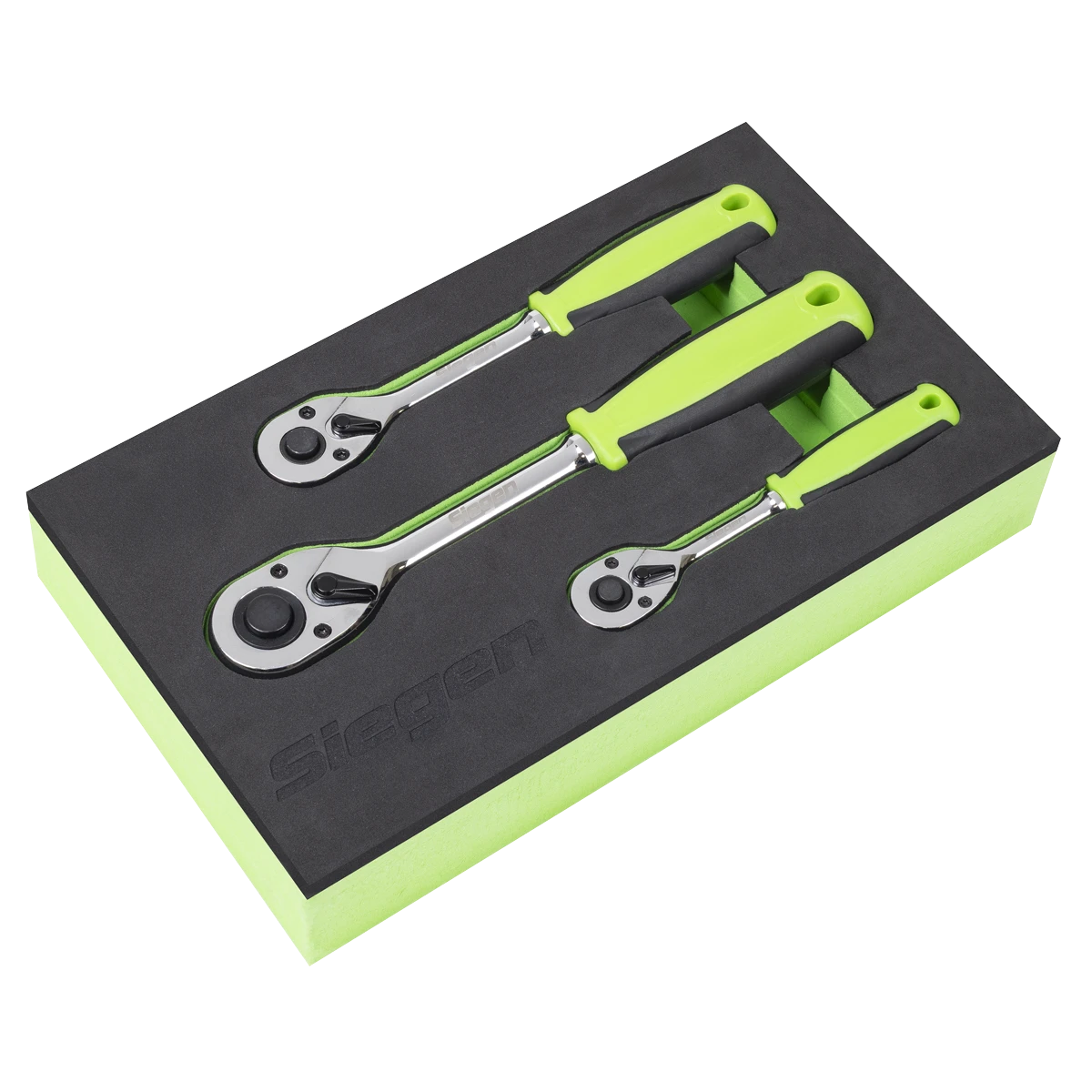 Siegen 3 Piece 1/4" & 3/8" & 1/2" Drive 72 Tooth Ratchet Handle Set In EVA Foam Storage Block With A Manufacturers LifeTime Guarantee S01331