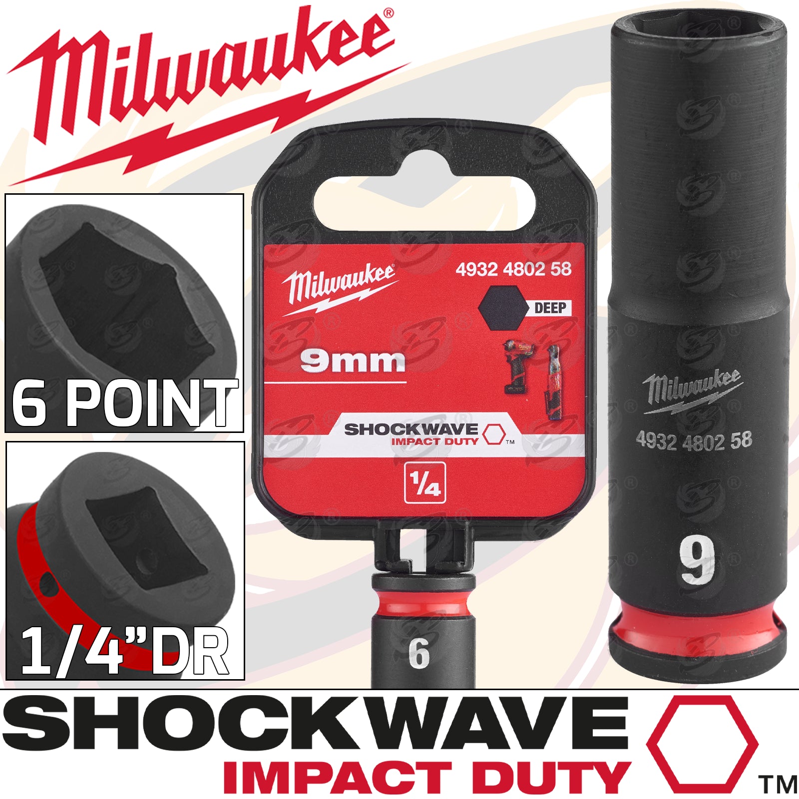 MILWAUKEE 9MM 1/4" DRIVE 6 POINT DEEP IMPACT SOCKET ( SINGLE )