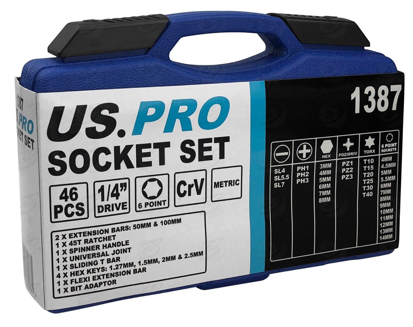 US Pro 46 Piece 1/4" Drive Socket & Bit Set 4mm - 14mm 1387