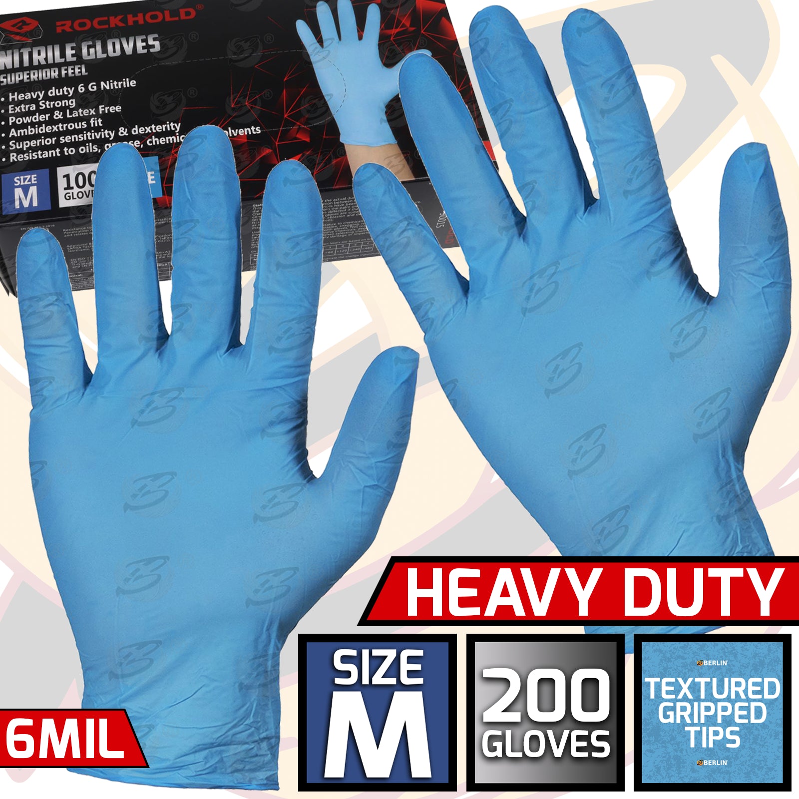 ROCKHOLD HEAVY DUTY BLUE 6 MIL NITRILE TEXTURED TIP GLOVES ( MEDIUM - 200 GLOVES )