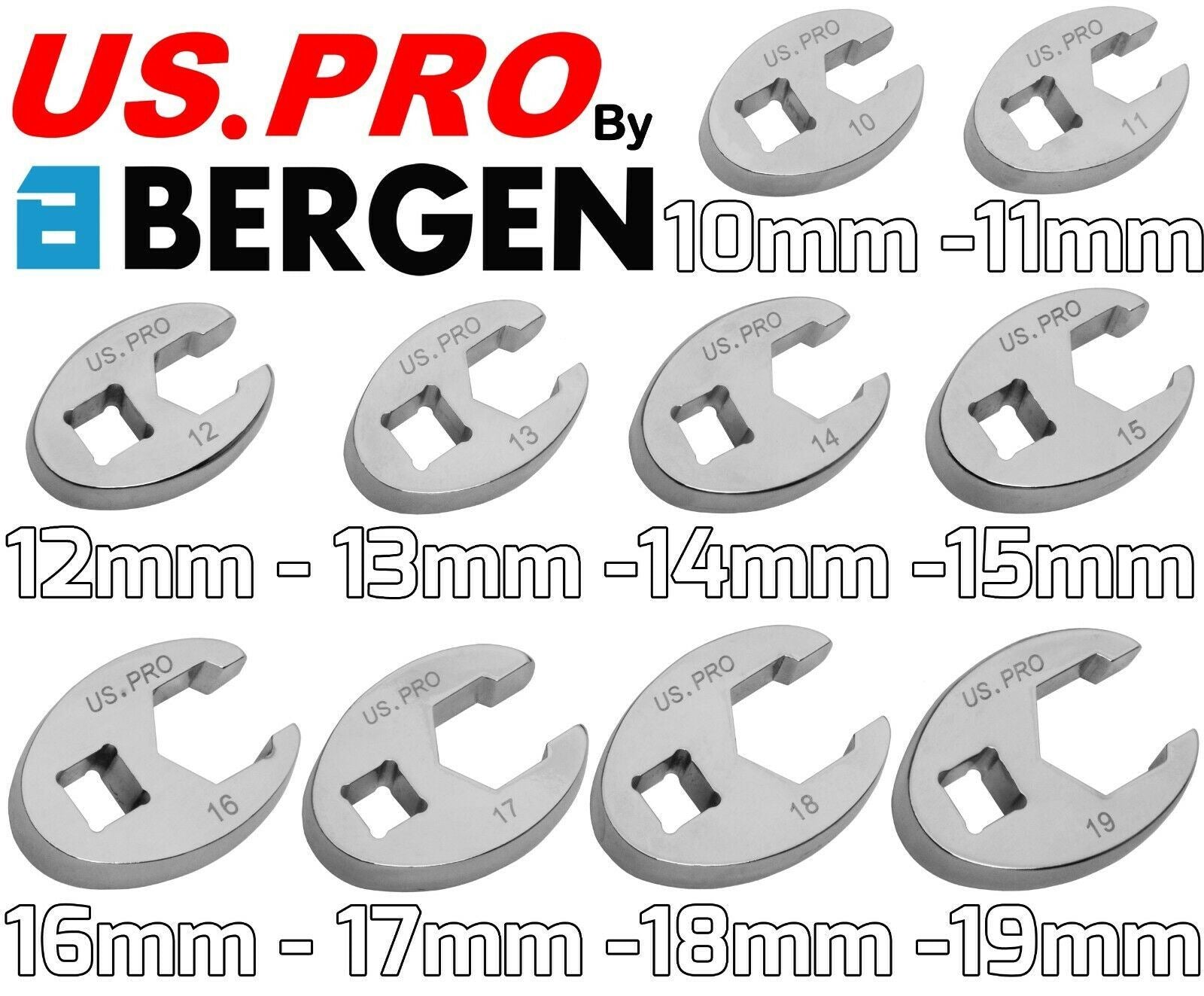 US PRO 3/8" DRIVE CROWS FOOT SPANNERS 10MM - 19MM