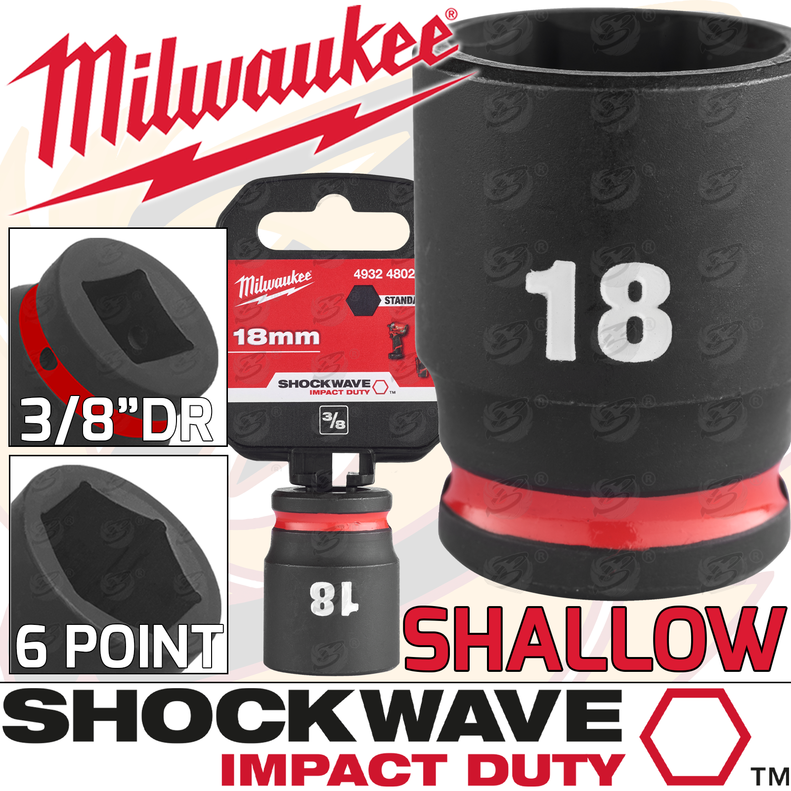 Milwaukee 18mm 3/8" Drive 6 Point Shallow Impact Socket ( Single ) ( 4932480275 )