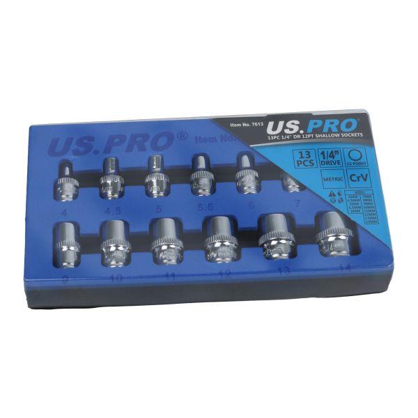 US Pro 13 Piece 1/4" Drive 12 Point Shallow Sockets 4mm - 14mm 7613