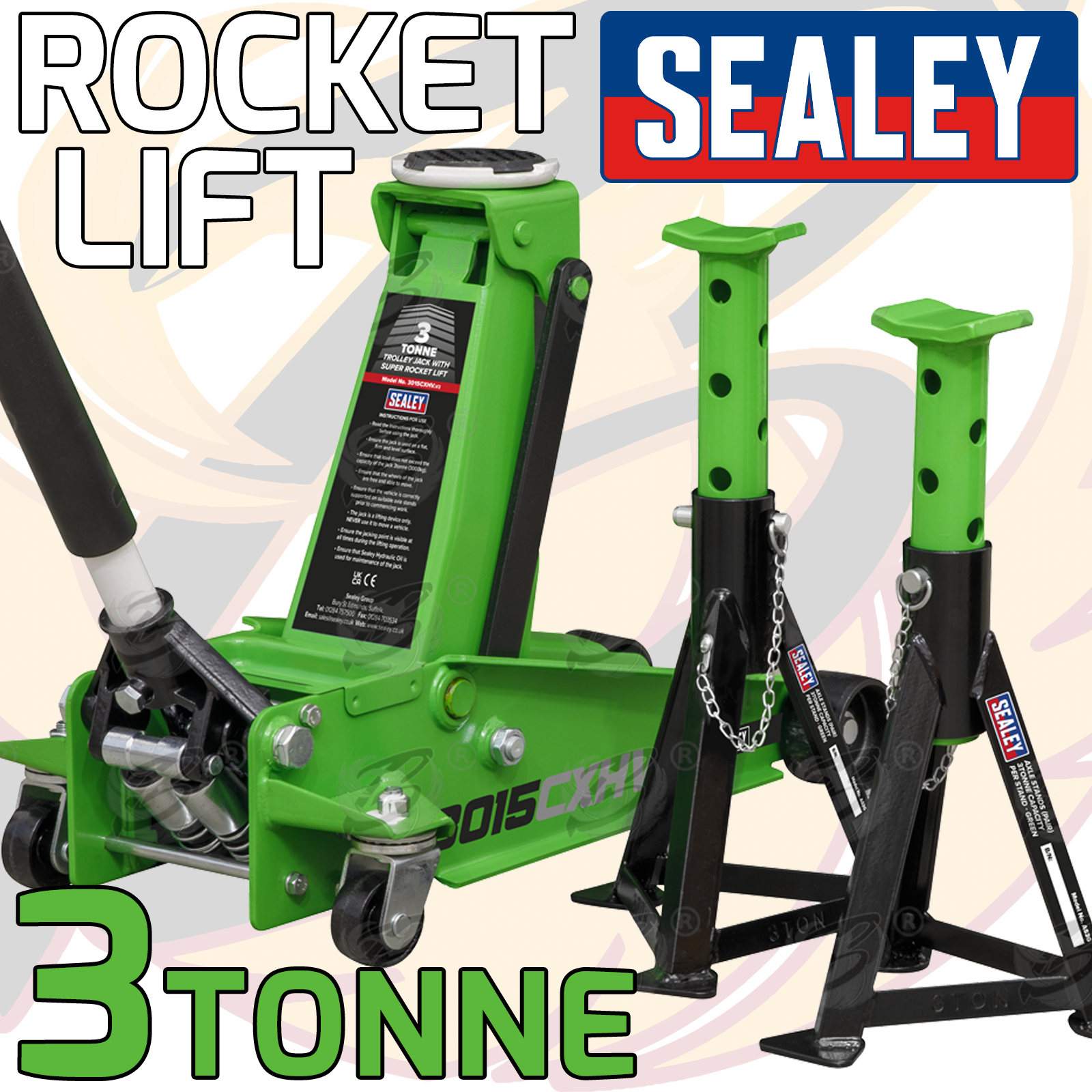 Sealey 3 Tonne Quick Li Foot Trolley Jack & Axle Stands ( 3015CXHV )