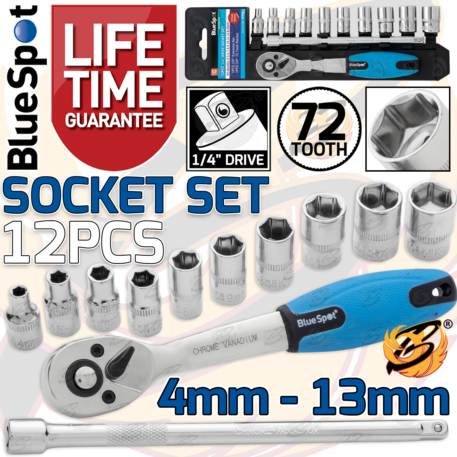BlueSpot 12 Piece 1/4" Drive 6 Point Socket Set 4mm - 13mm ( 01504 )