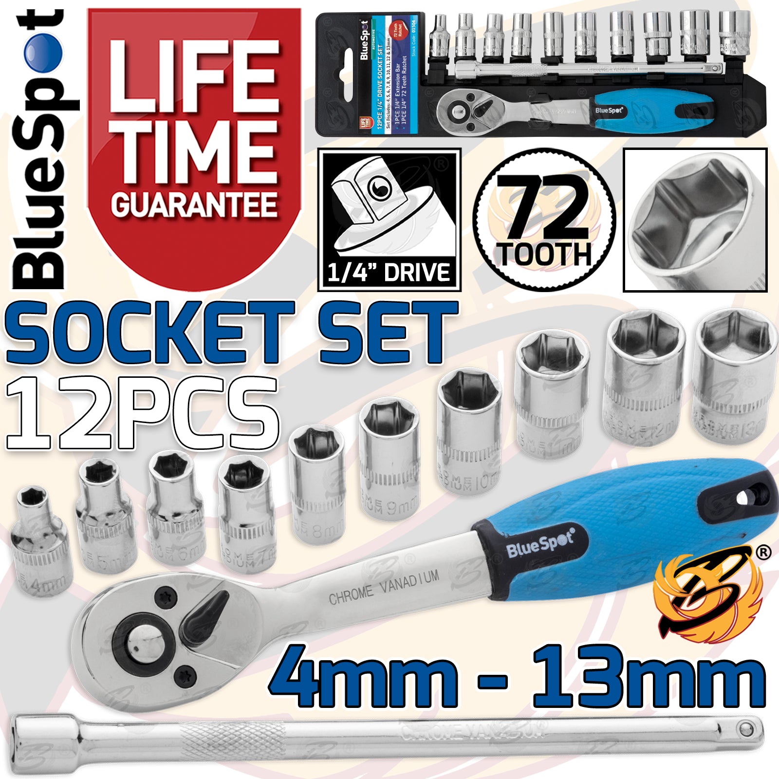 BLUESPOT 12PCS 1/4" DRIVE 6 POINT SOCKET SET 4MM - 13MM