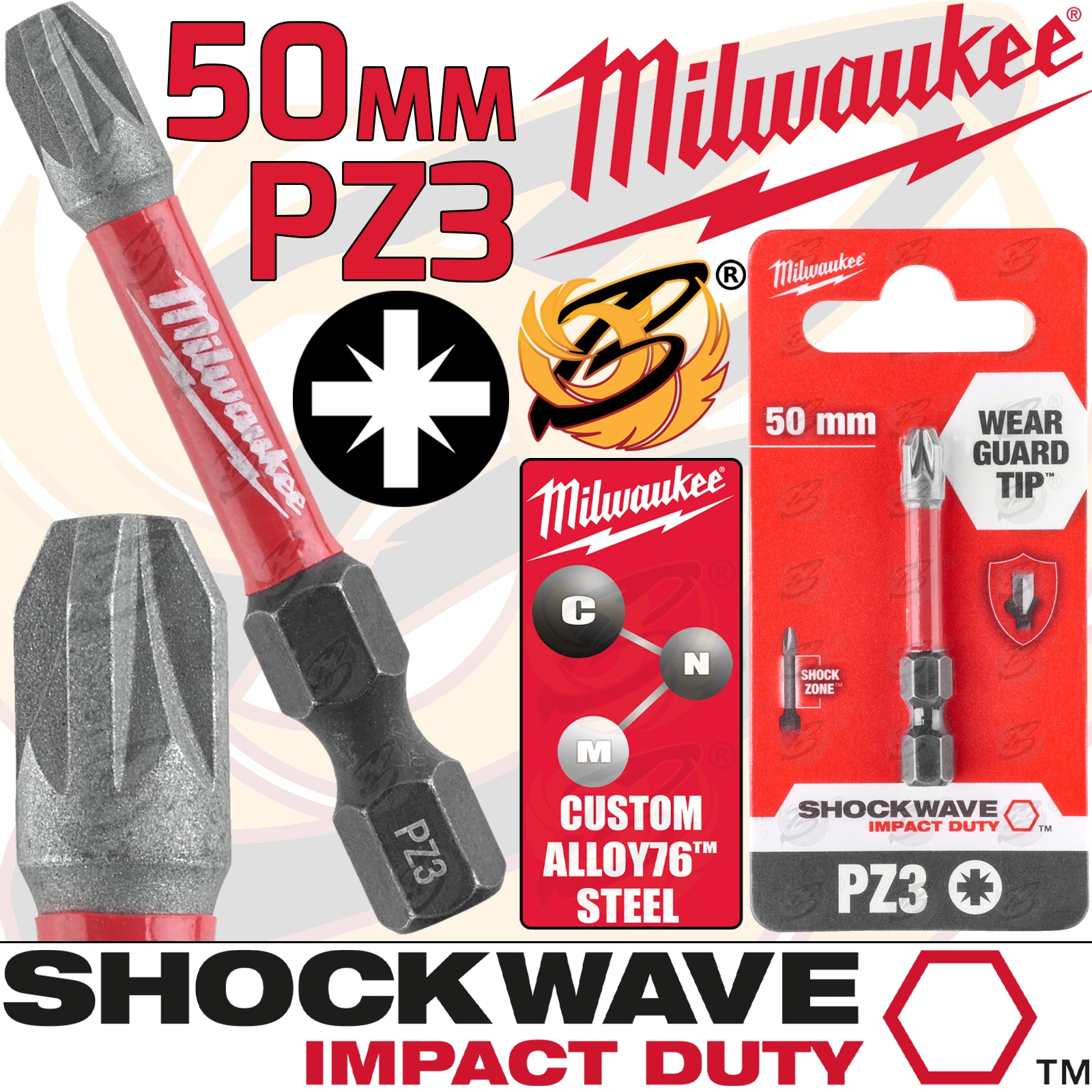 MILWAUKEE PZ3 x 50MM POZIDRIVE IMPACT DRILL / DRIVER BIT ( SHOCKWAVE IMPACT DUTY )