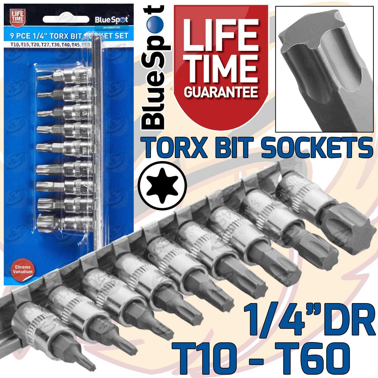 BlueSpot 9 Piece 1/4" Drive Torx Bit Sockets T10 - T60 ( 01521 )