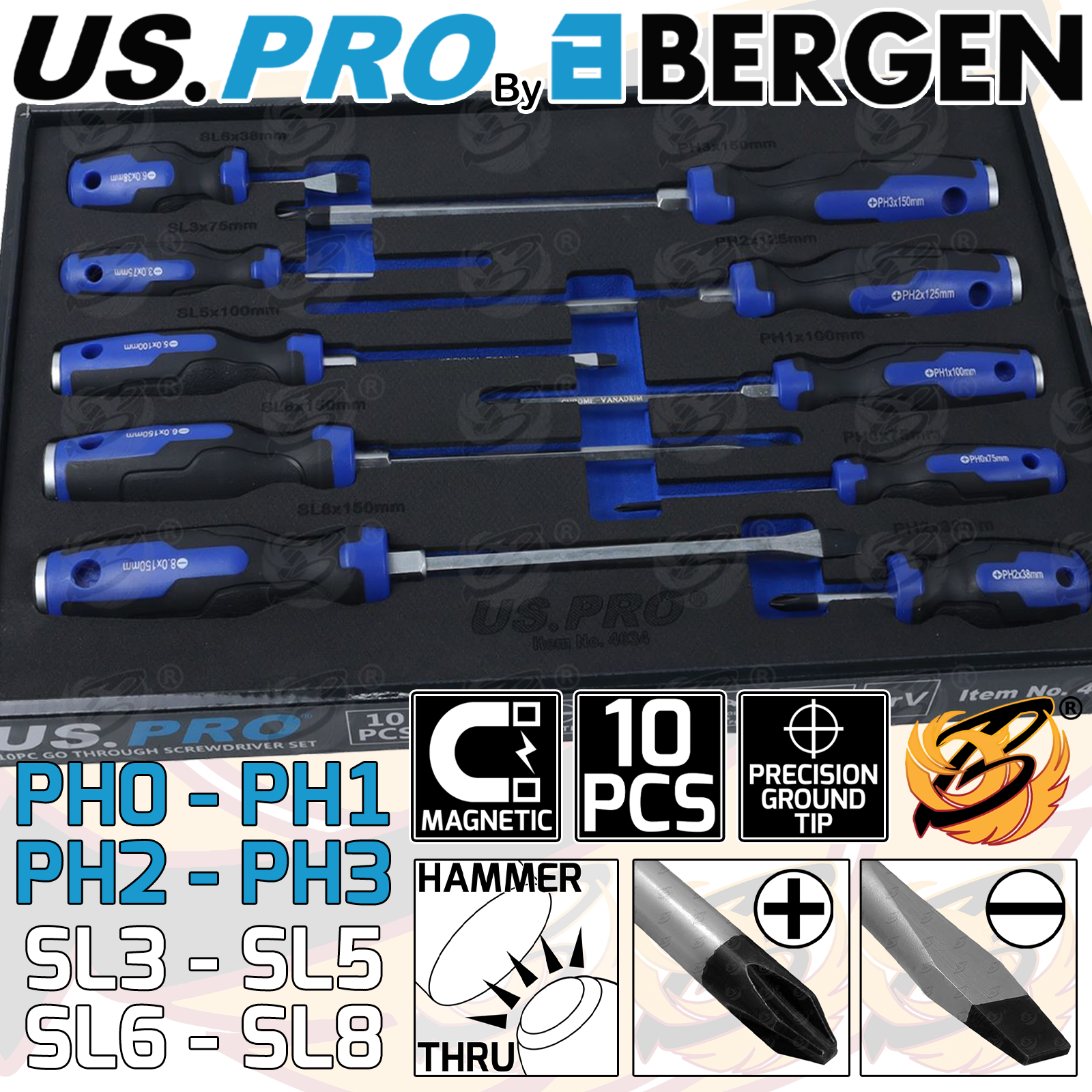 US Pro 10 Piece Go Through Screwdriver Set PH & SL ( 4634 )