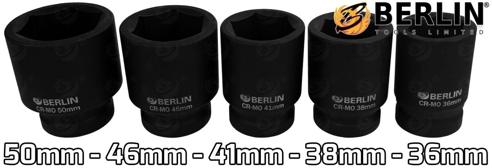 BERLIN 10PCS 1" DRIVE 6 POINT DEEP IMPACT SOCKETS 22MM - 50MM