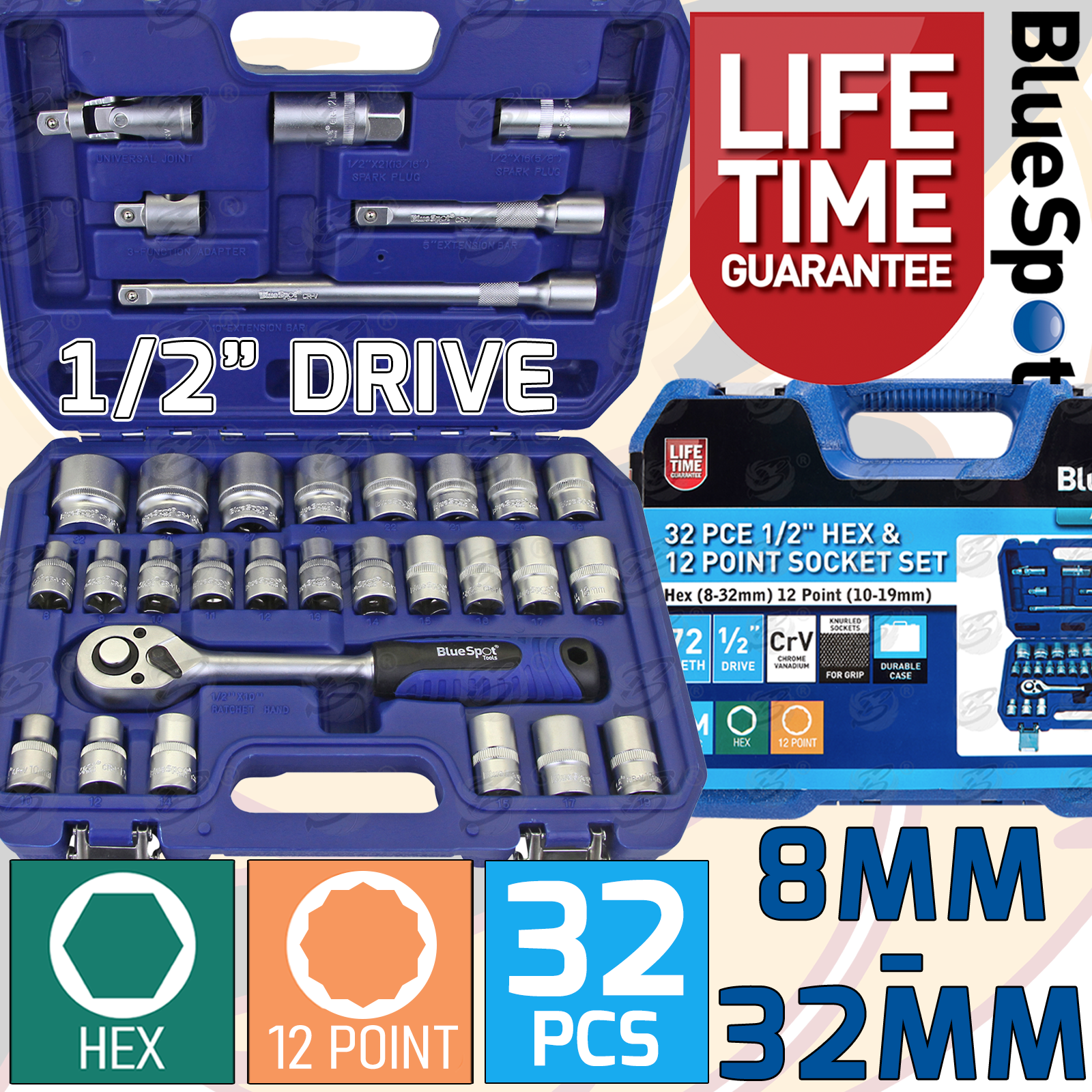 BlueSpot 32 Piece 1/2"Drive 6 Point & 12 Point Socket Set 8mm - 32mm ( 01577 )