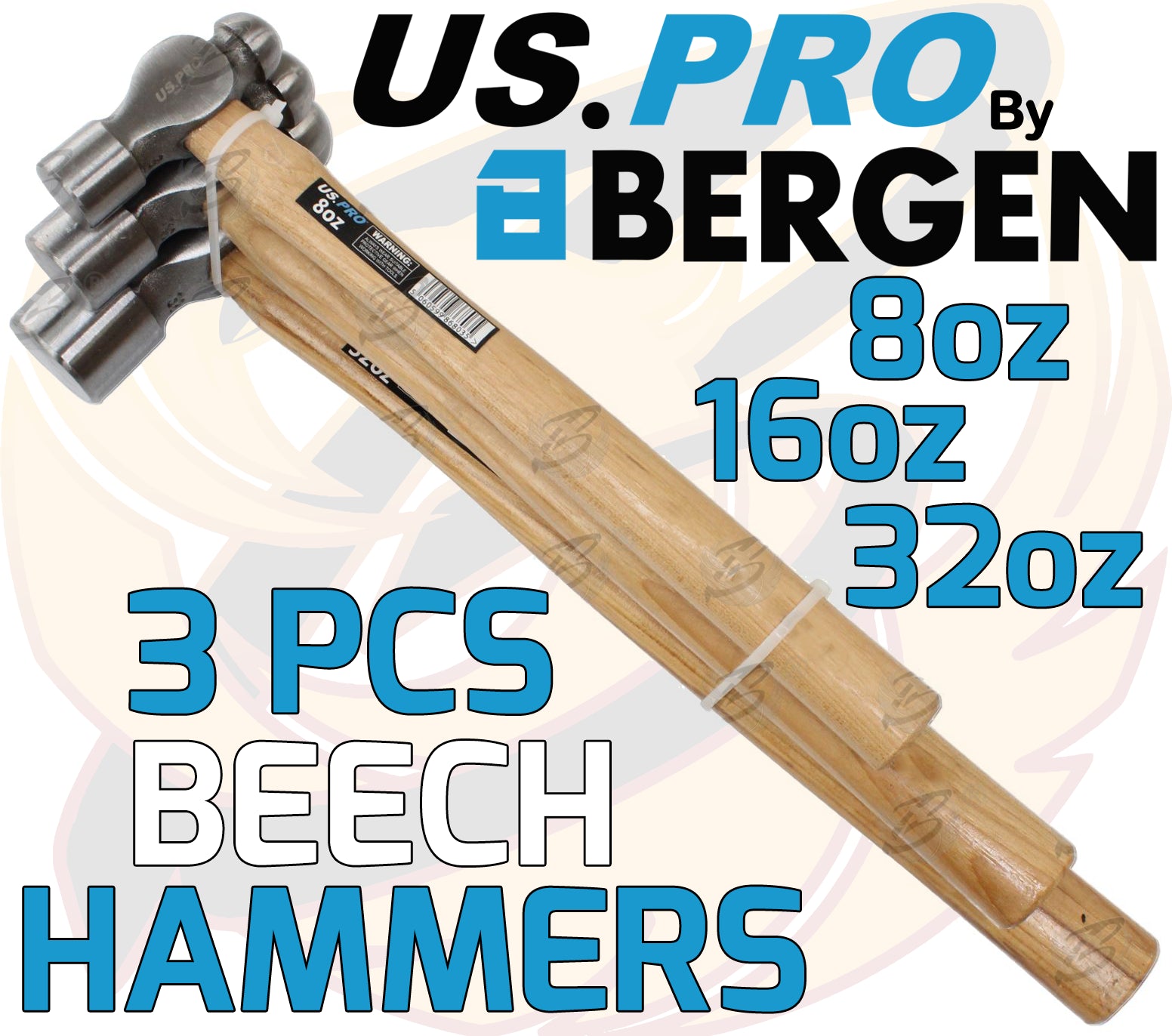 US PRO 3PCS BALL PEIN BEECH HAMMERS 8OZ - 16OZ - 32OZ