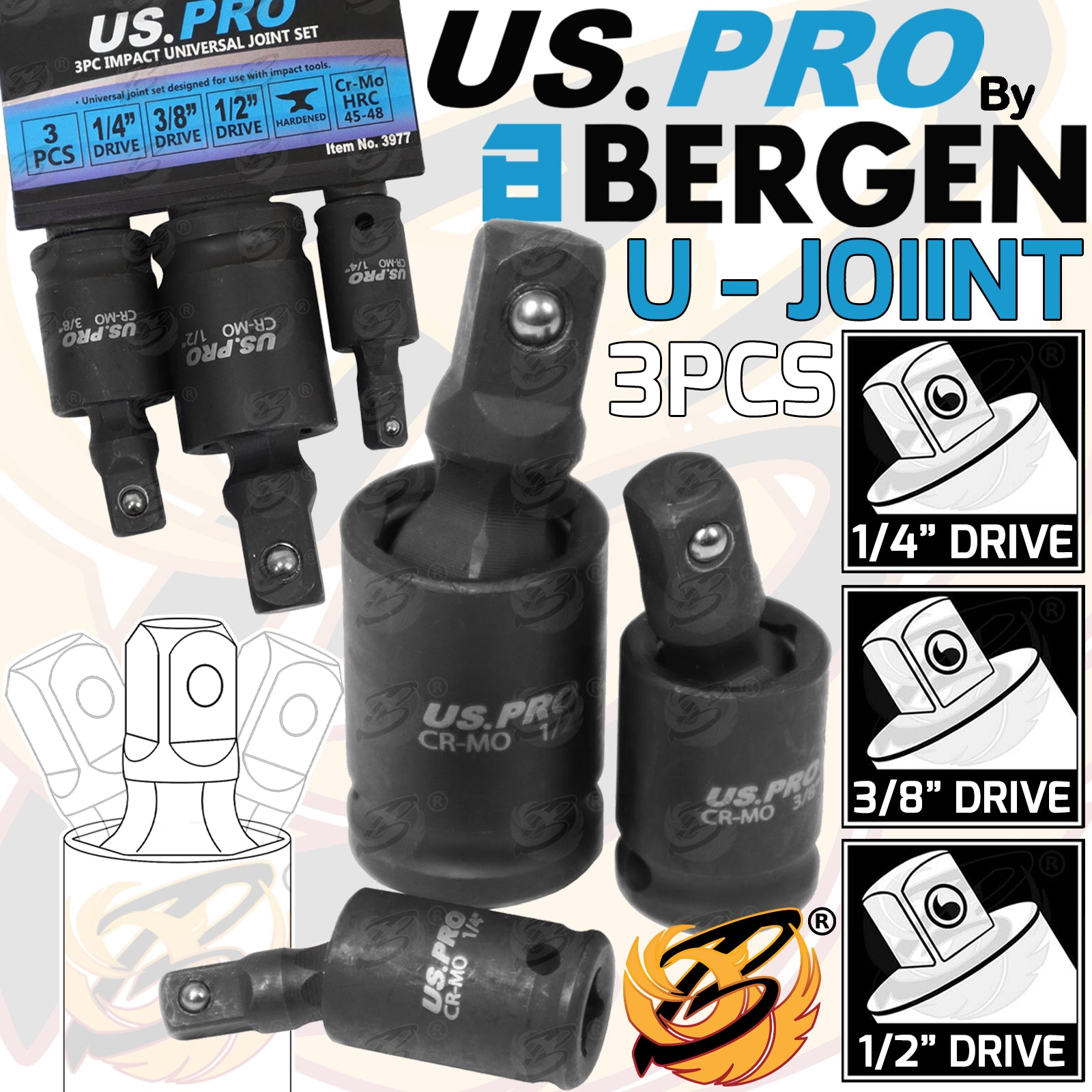 US PRO 3PCS 1/4" - 3/8" - 1/2" DRIVE IMPACT UNIVERSAL JOINT WOBBLE SET