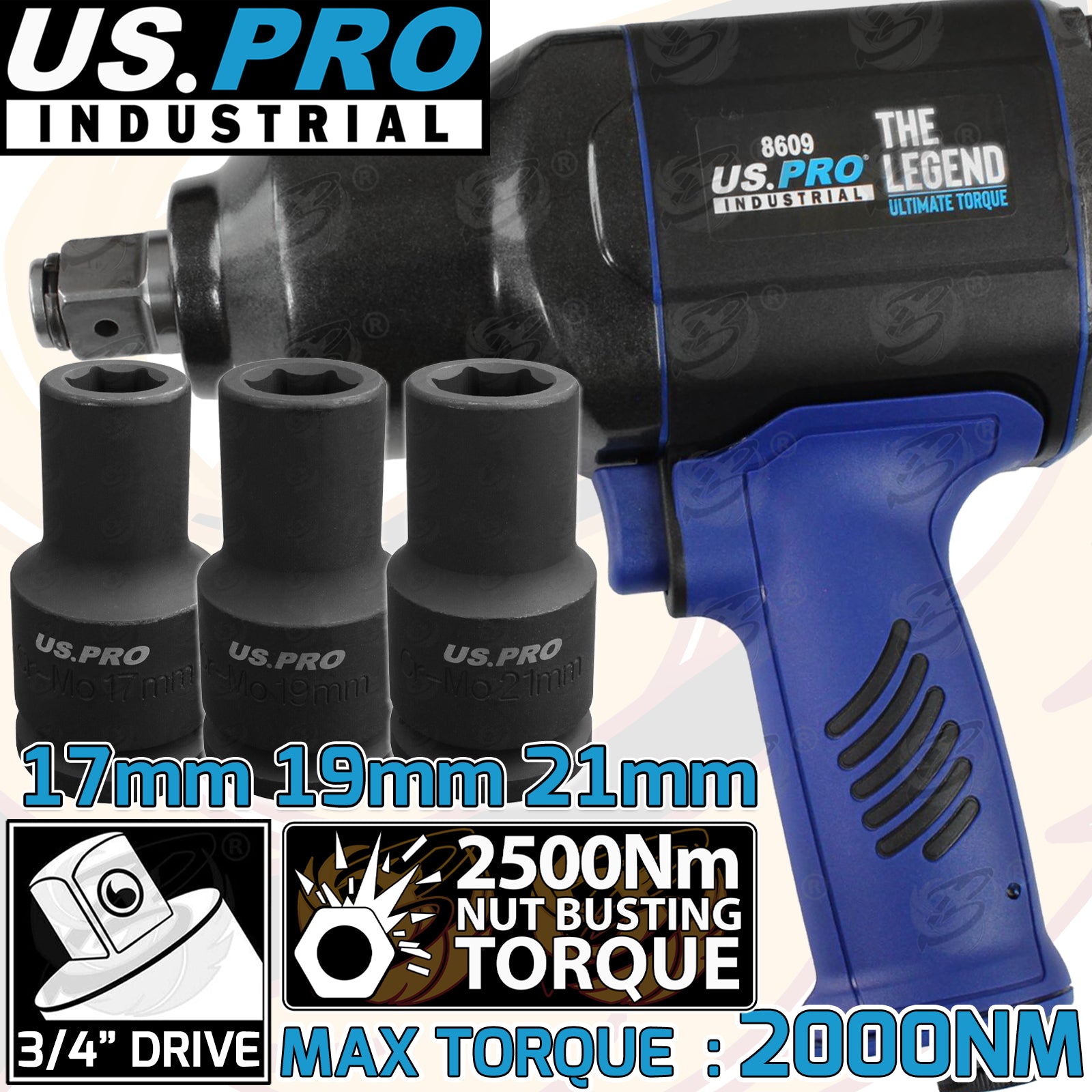 US PRO 3/4" DRIVE AIR IMPACT WRENCH 2500Nm ( THE LEGEND ) & 17MM - 19MM - 21MM DEEP IMPACT SOCKETS