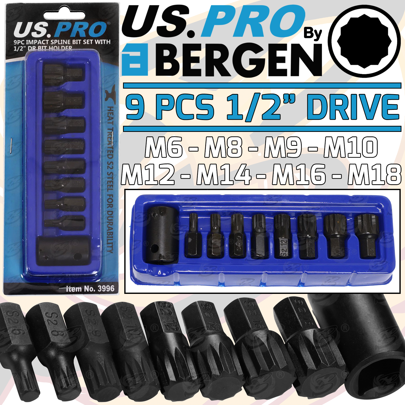 US Pro 9 Piece 1/2" Drive Impact Spline Bit Sockets M6 - M18 3996