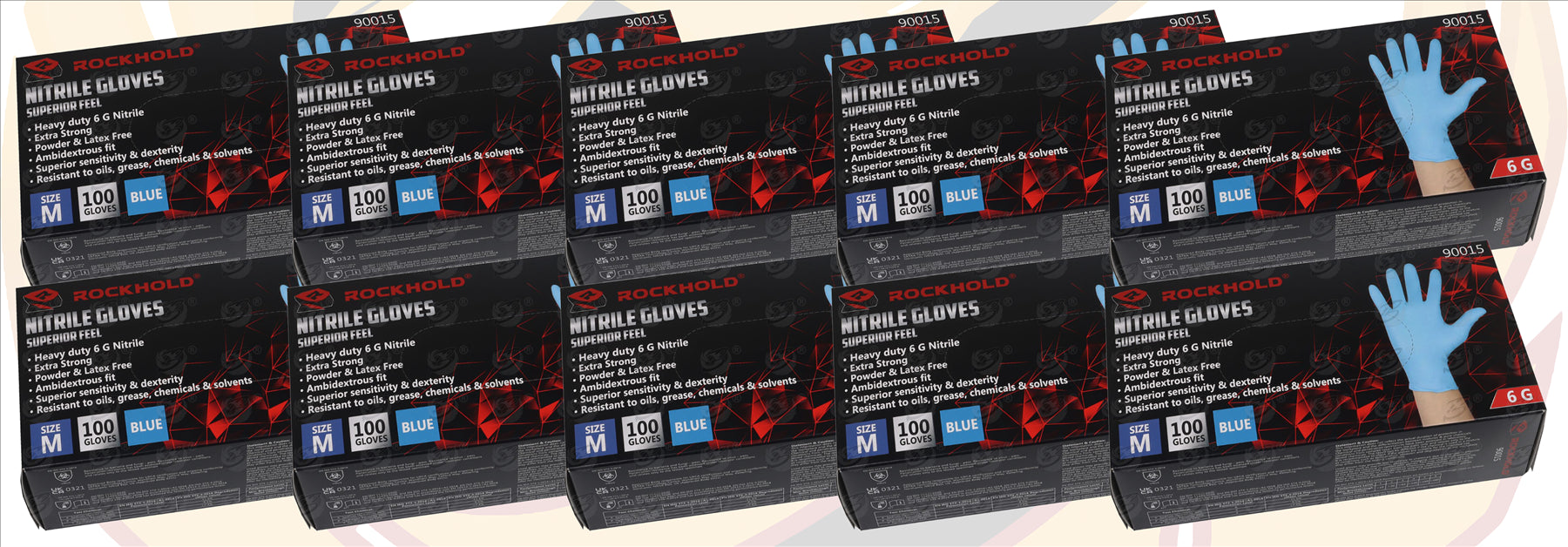 ROCKHOLD HEAVY DUTY BLUE 6 MIL NITRILE TEXTURED TIP GLOVES ( MEDIUM - 1000 GLOVES )