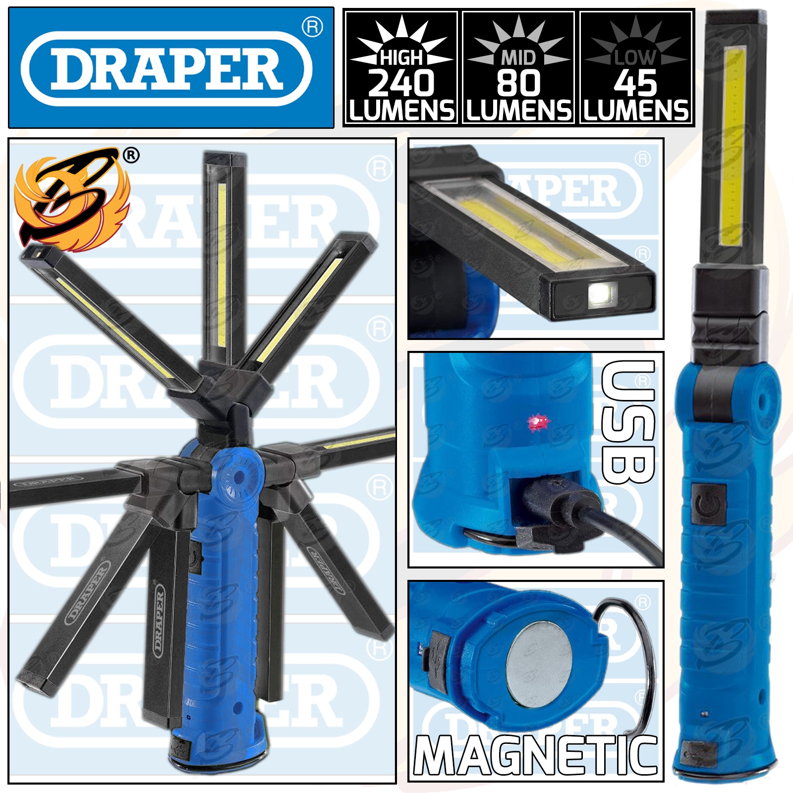 DRAPER RECHARGEABLE LI - ION COB SMD SLIMLINE INSPECTION TORCH ( BLUE )