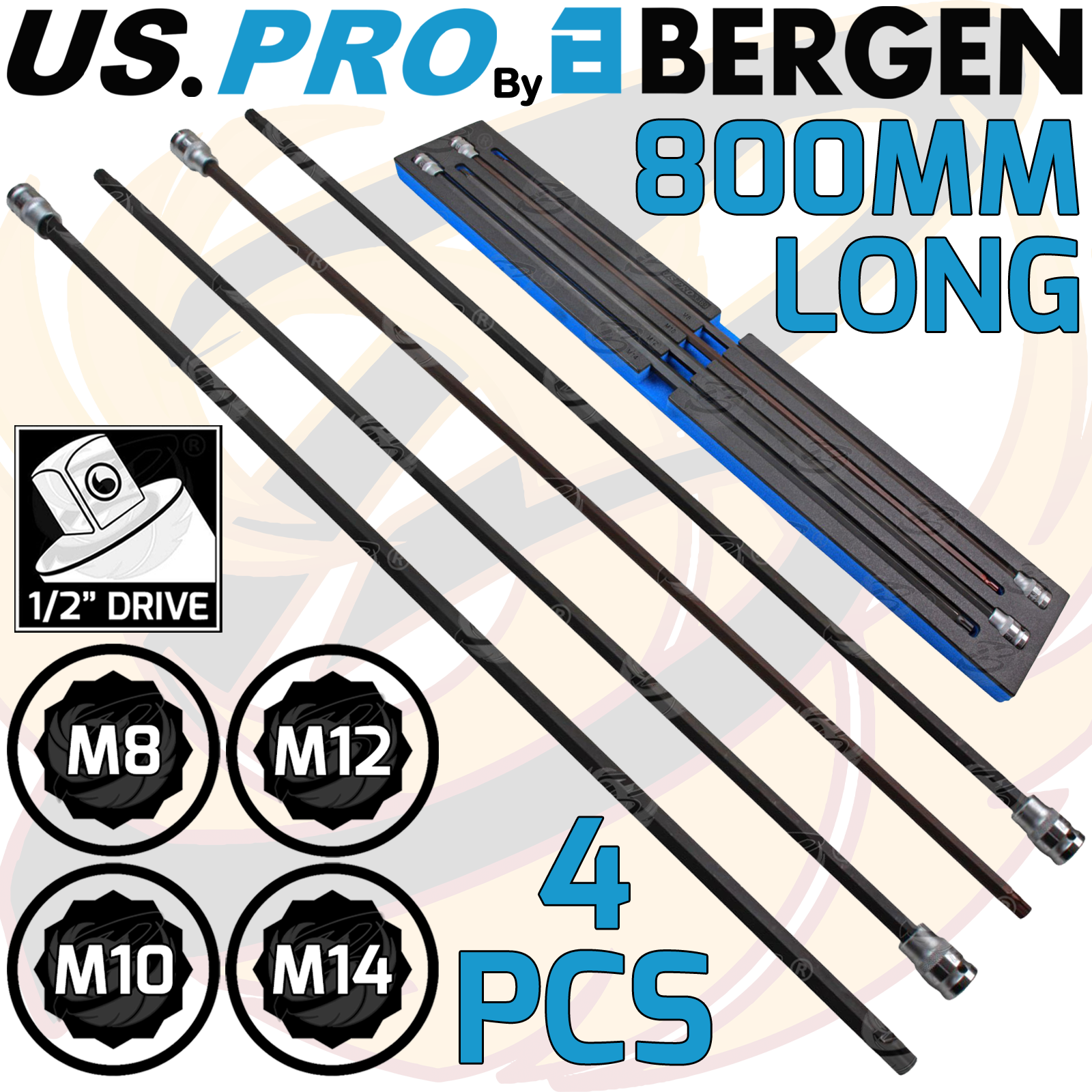 US Pro 4 Piece 800mm 1/2" Drive Extra Long Spline Bit Sockets M8 - M14 3389