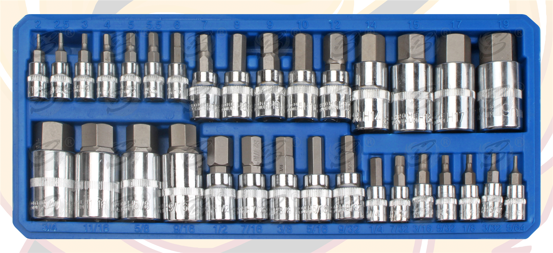 BlueSpot 32 Piece 1/4" & 3/8" & 1/2" Drive Metric & Imperial Hex Bit Sockets ( 2mm - 19mm ) ( 1/4" - 9/16" ) ( 01561 )