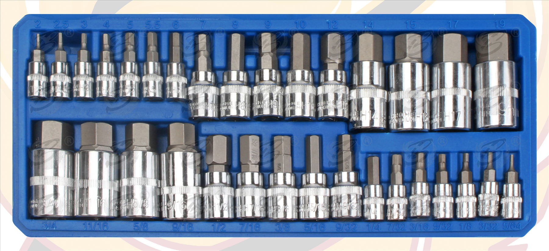 BLUESPOT 32PCS 1/4" & 3/8" & 1/2" DRIVE METRIC & IMPERIAL HEX BIT SOCKETS ( 2MM - 19MM ) ( 1/4" - 9/16" )